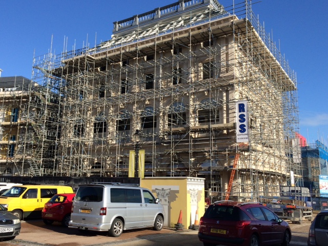Scaffolding on residential house roof repair